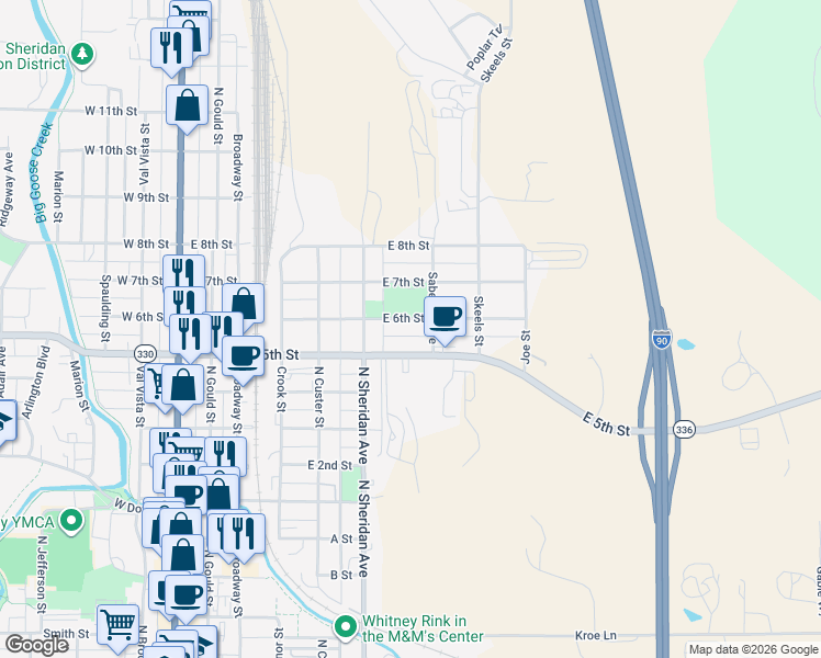 map of restaurants, bars, coffee shops, grocery stores, and more near 576 East 6th Street in Sheridan