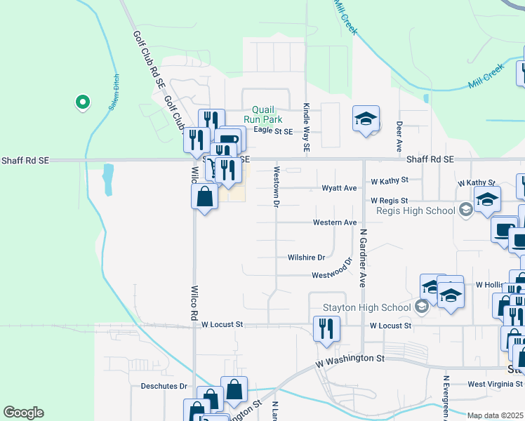 map of restaurants, bars, coffee shops, grocery stores, and more near 1537 Westfield Place in Stayton