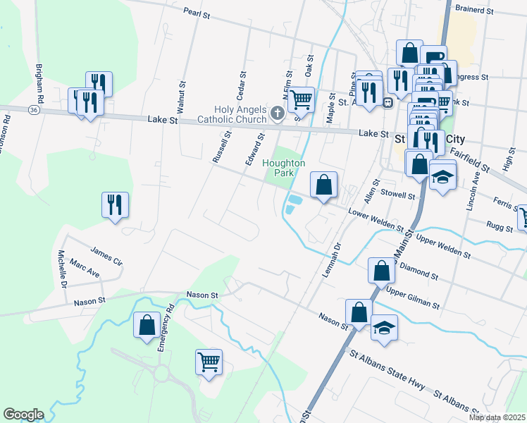 map of restaurants, bars, coffee shops, grocery stores, and more near 100 Lower Welden Street in Saint Albans City