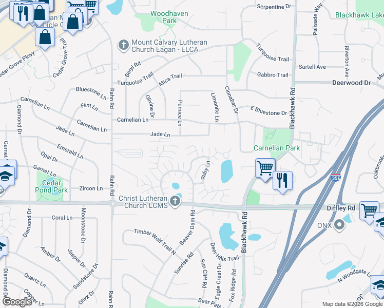 map of restaurants, bars, coffee shops, grocery stores, and more near 1965 North Ruby Court in Eagan