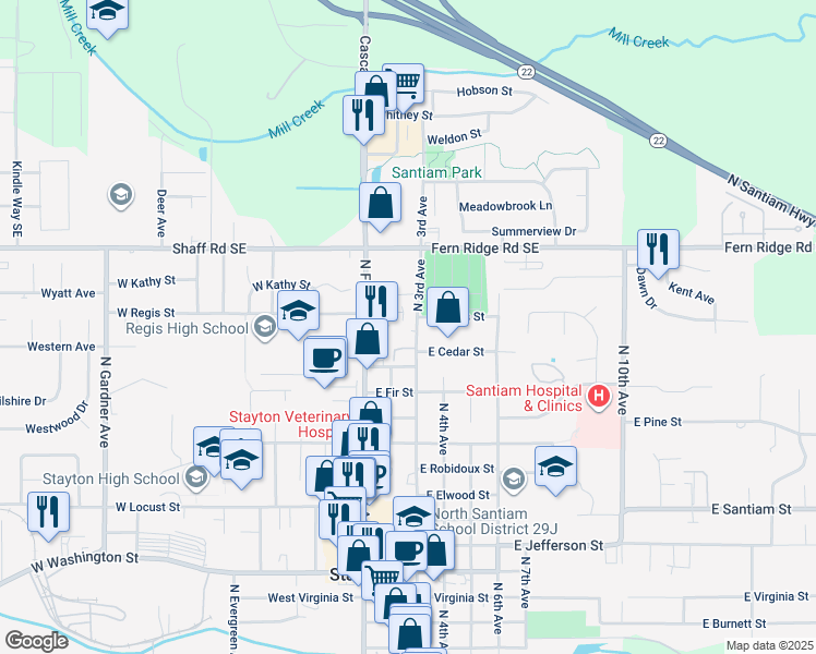 map of restaurants, bars, coffee shops, grocery stores, and more near 219 Cedar Terrace Court in Stayton