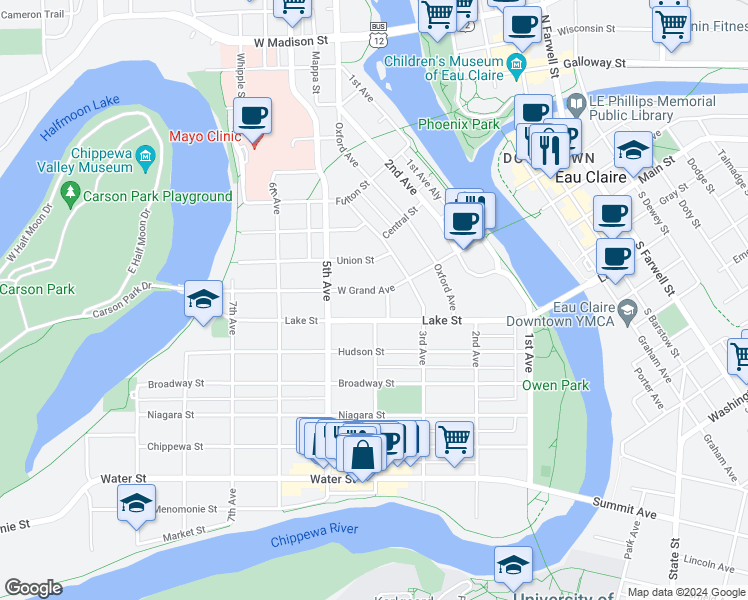 map of restaurants, bars, coffee shops, grocery stores, and more near 426 West Grand Avenue in Eau Claire