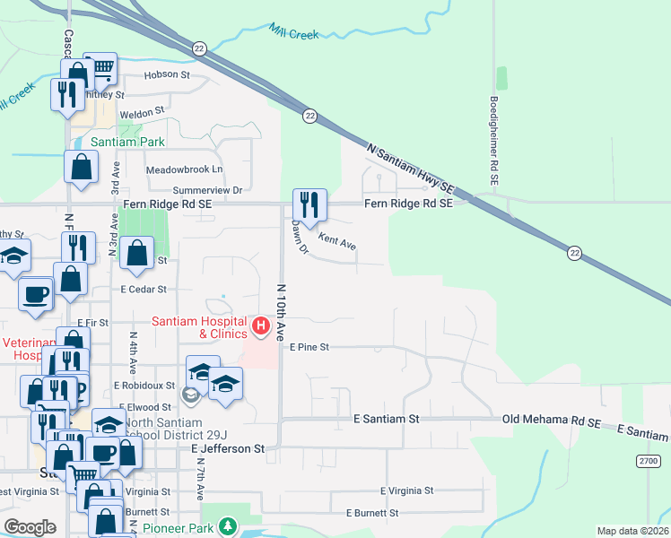 map of restaurants, bars, coffee shops, grocery stores, and more near 1364 Dawn Drive in Stayton