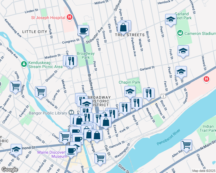 map of restaurants, bars, coffee shops, grocery stores, and more near 179 Essex Street in Bangor