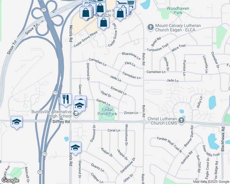 map of restaurants, bars, coffee shops, grocery stores, and more near 2065 Emerald Lane in Eagan