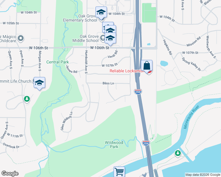 map of restaurants, bars, coffee shops, grocery stores, and more near 10801 Emerson Road in Minneapolis
