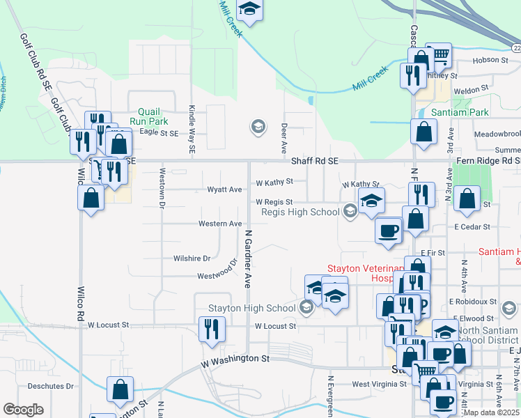 map of restaurants, bars, coffee shops, grocery stores, and more near 1080 West Regis Street in Stayton