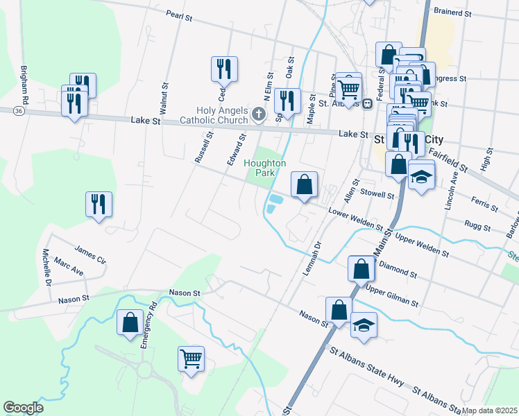 map of restaurants, bars, coffee shops, grocery stores, and more near 94 Lower Welden Street in Saint Albans City