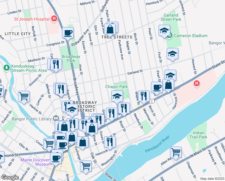 map of restaurants, bars, coffee shops, grocery stores, and more near 43 Elm Street in Bangor