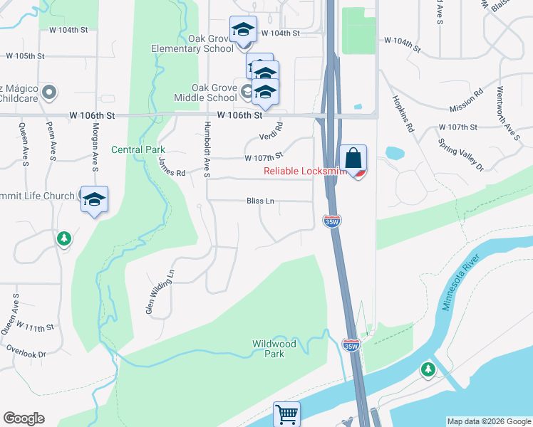 map of restaurants, bars, coffee shops, grocery stores, and more near 10801 Emerson Road in Minneapolis