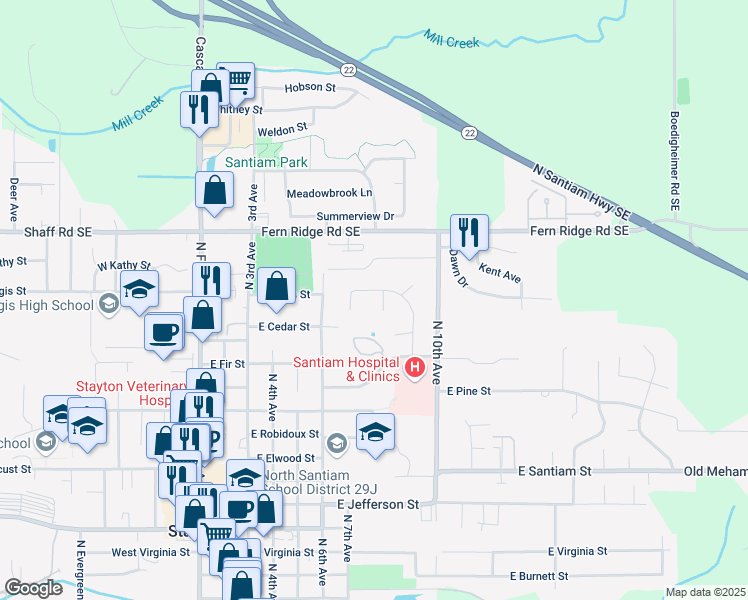 map of restaurants, bars, coffee shops, grocery stores, and more near 1640 Rocky Top Court in Stayton