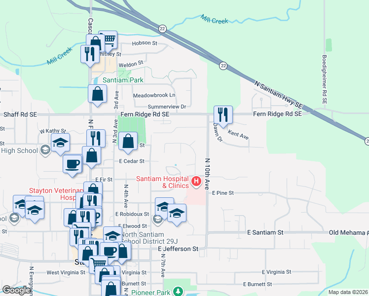 map of restaurants, bars, coffee shops, grocery stores, and more near 1655 Mountain Drive in Stayton