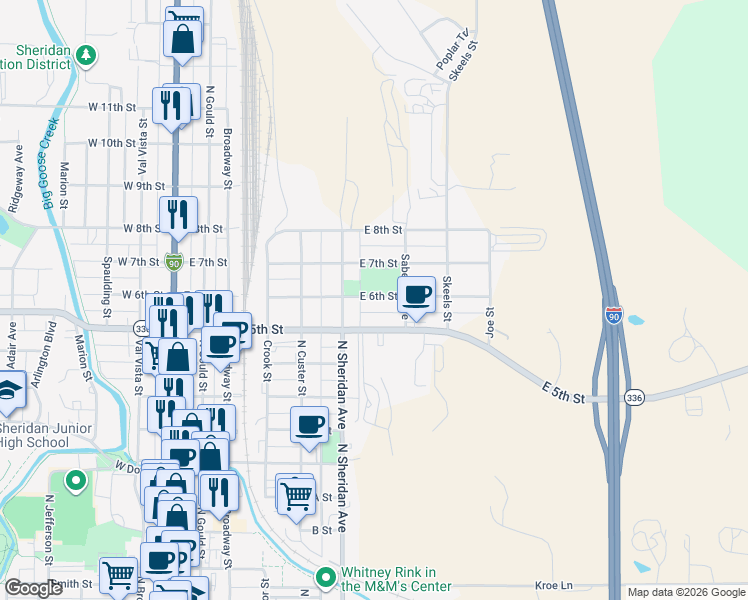 map of restaurants, bars, coffee shops, grocery stores, and more near 576 East 6th Street in Sheridan