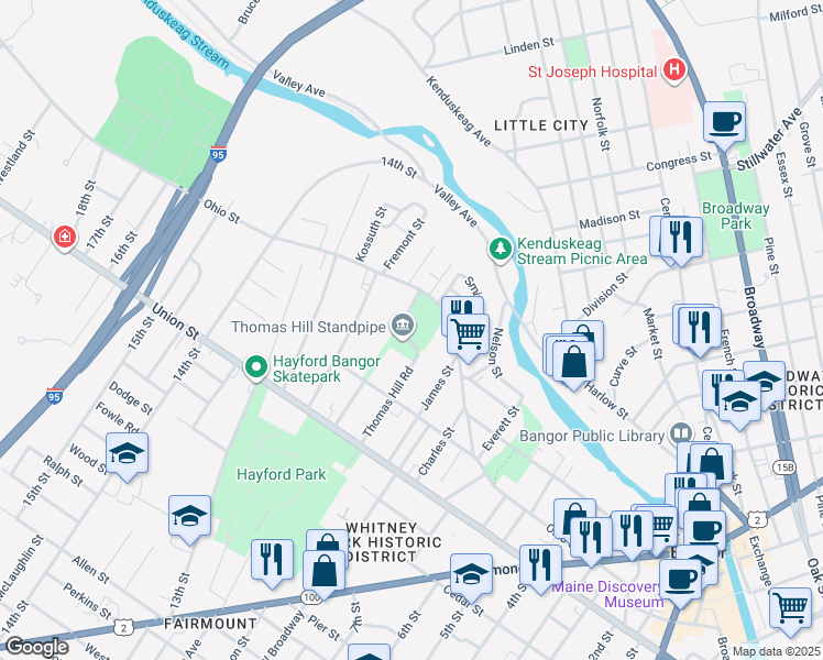 map of restaurants, bars, coffee shops, grocery stores, and more near 40 Thomas Hill Road in Bangor