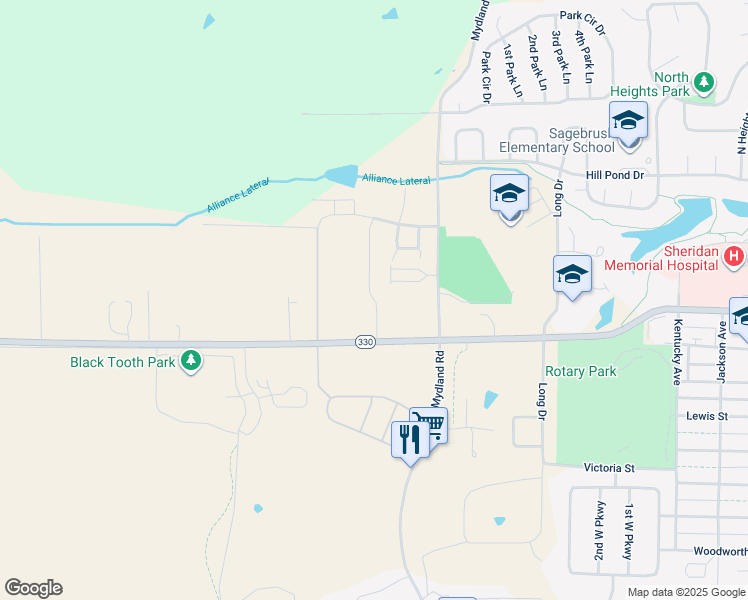 map of restaurants, bars, coffee shops, grocery stores, and more near 1120 Mydland Road in Sheridan