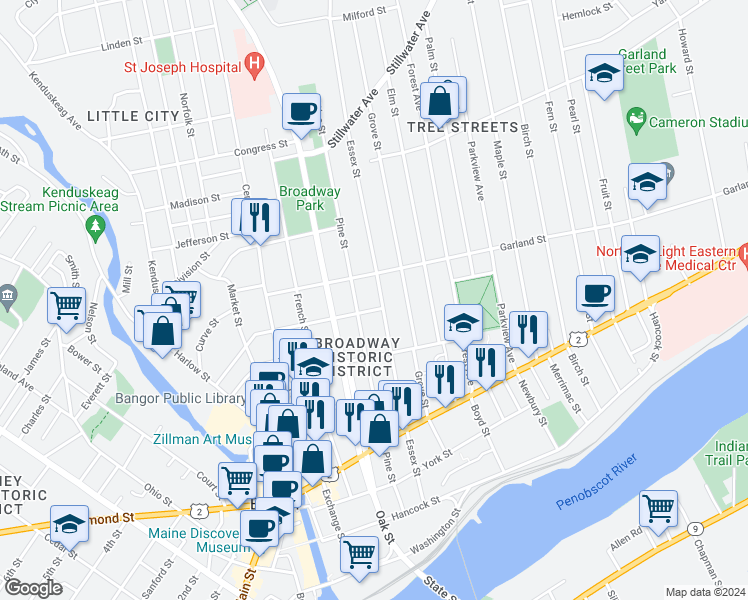 map of restaurants, bars, coffee shops, grocery stores, and more near 207 Pine Street in Bangor