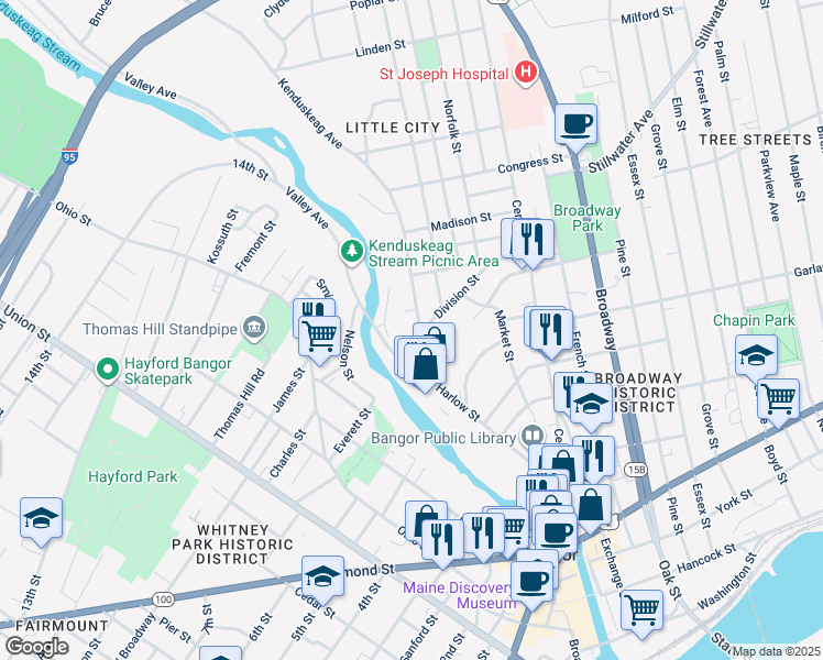 map of restaurants, bars, coffee shops, grocery stores, and more near 46 Kenduskeag Avenue in Bangor