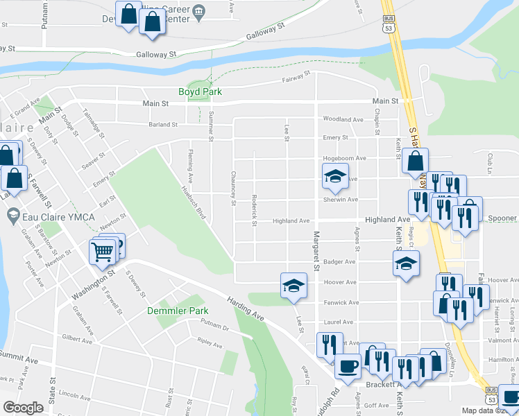 map of restaurants, bars, coffee shops, grocery stores, and more near 1405 Sherwin Avenue in Eau Claire