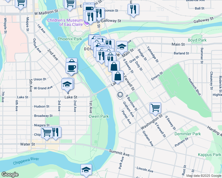 map of restaurants, bars, coffee shops, grocery stores, and more near 600 Graham Avenue in Eau Claire