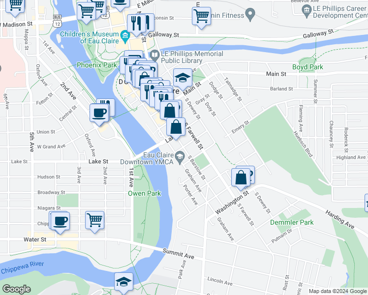 map of restaurants, bars, coffee shops, grocery stores, and more near 709 S Barstow St in Eau Claire