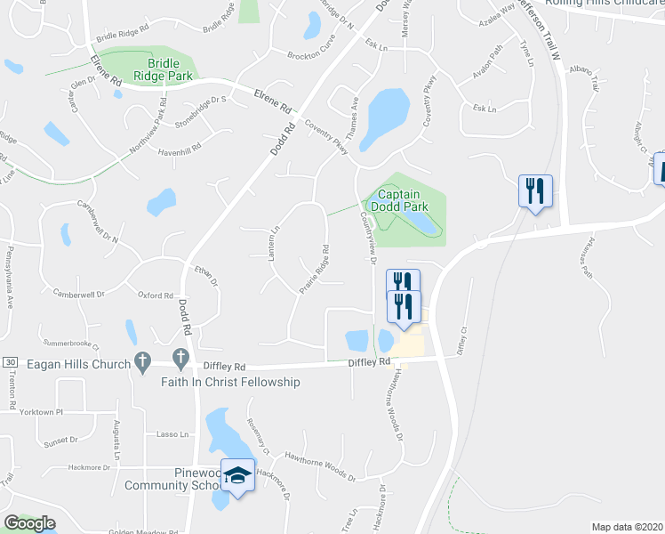 map of restaurants, bars, coffee shops, grocery stores, and more near 4140 Prairie Ridge Road in Saint Paul