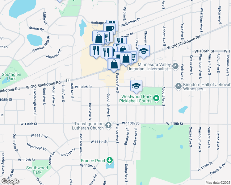 map of restaurants, bars, coffee shops, grocery stores, and more near 10808 France Avenue South in Bloomington