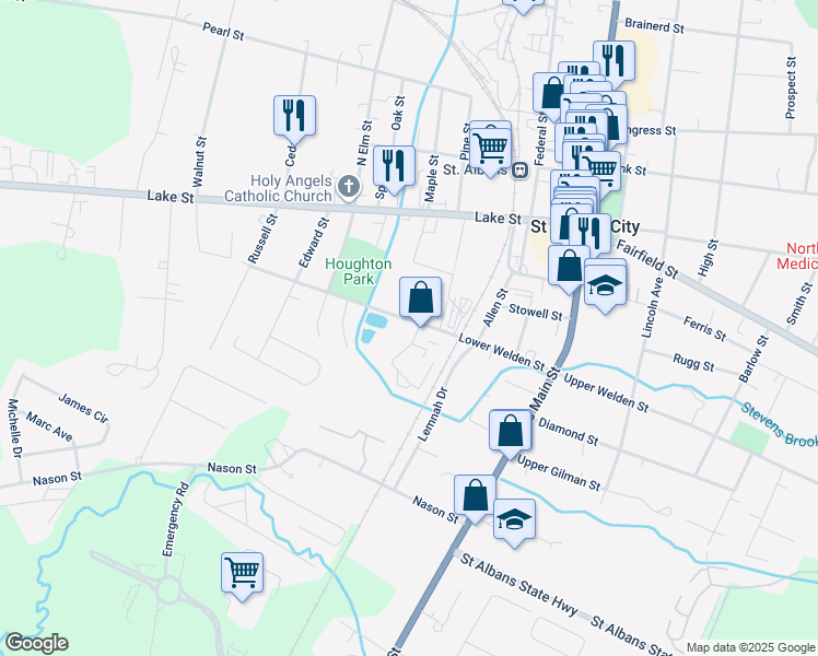 map of restaurants, bars, coffee shops, grocery stores, and more near 64 Lower Welden Street in Saint Albans City