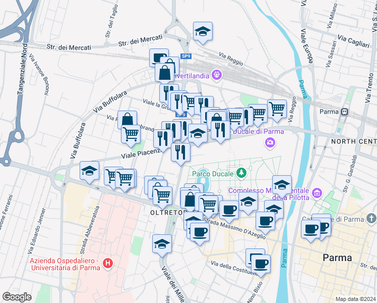 map of restaurants, bars, coffee shops, grocery stores, and more near Via Giacomo Trombara in Parma