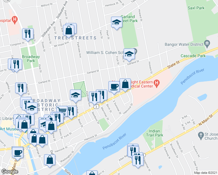 map of restaurants, bars, coffee shops, grocery stores, and more near 40 Fern Street in Bangor