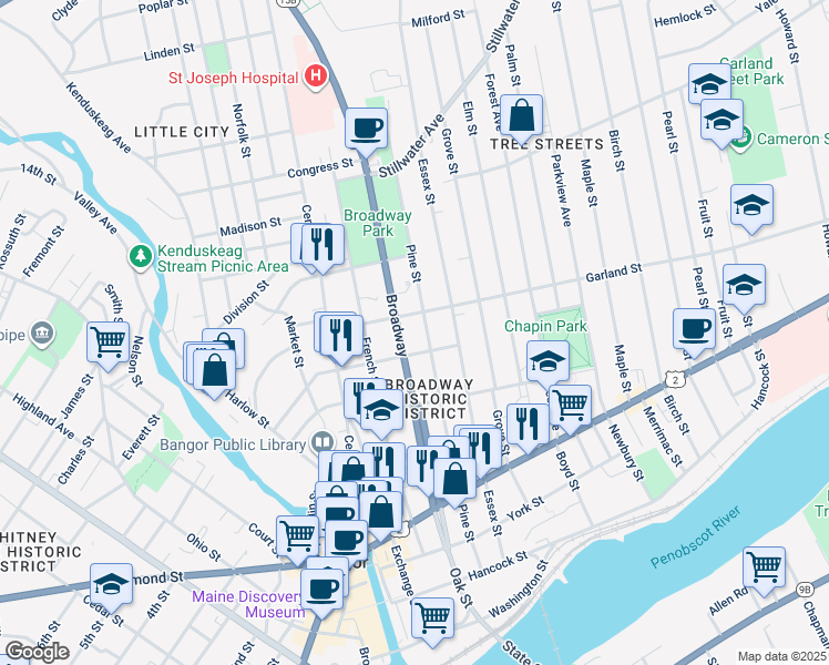 map of restaurants, bars, coffee shops, grocery stores, and more near 158 West Broadway in Bangor