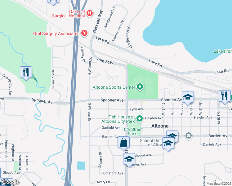 map of restaurants, bars, coffee shops, grocery stores, and more near 2416 Spooner Avenue in Altoona