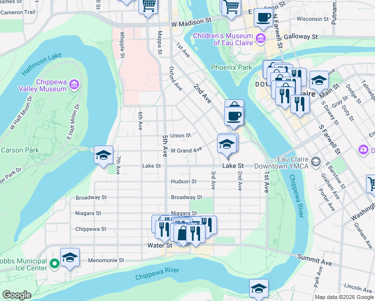 map of restaurants, bars, coffee shops, grocery stores, and more near 426 West Grand Avenue in Eau Claire