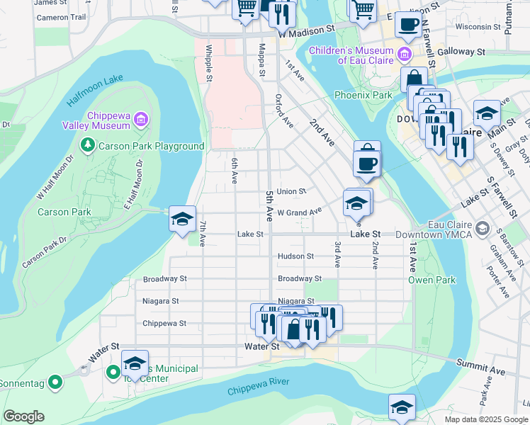 map of restaurants, bars, coffee shops, grocery stores, and more near 508 West Grand Avenue in Eau Claire