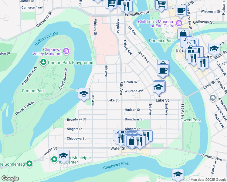 map of restaurants, bars, coffee shops, grocery stores, and more near 508 West Grand Avenue in Eau Claire