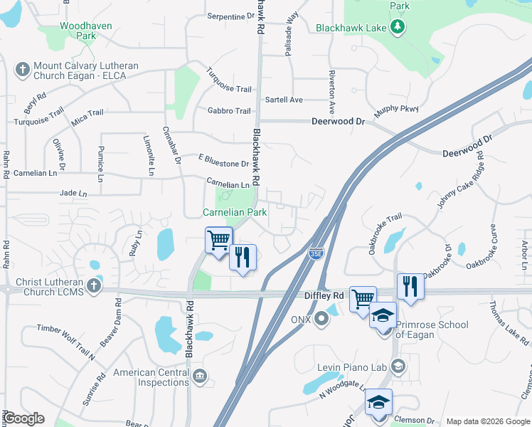 map of restaurants, bars, coffee shops, grocery stores, and more near 4104 Meadowlark Lane in Eagan