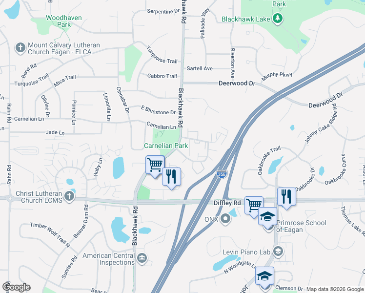 map of restaurants, bars, coffee shops, grocery stores, and more near 1752 Meadowlark Road in Eagan