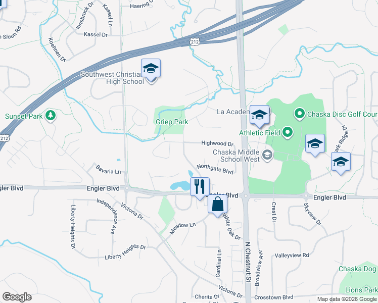 map of restaurants, bars, coffee shops, grocery stores, and more near 261 Highwood Drive in Chaska