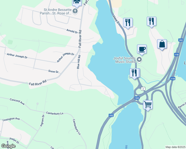 map of restaurants, bars, coffee shops, grocery stores, and more near 37 Horobin Drive in Fall River