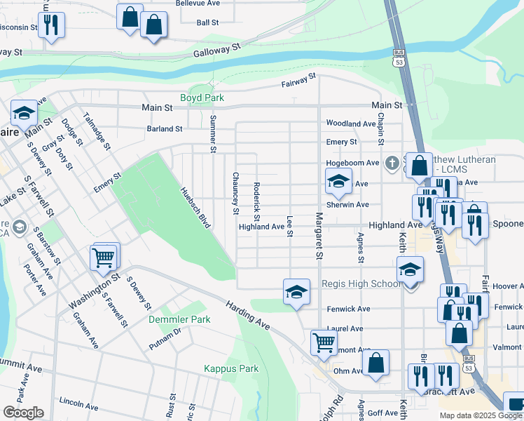 map of restaurants, bars, coffee shops, grocery stores, and more near 1405 Sherwin Avenue in Eau Claire