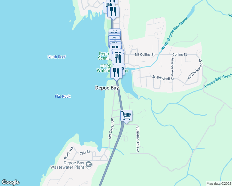 map of restaurants, bars, coffee shops, grocery stores, and more near 25 Evans Street in Depoe Bay