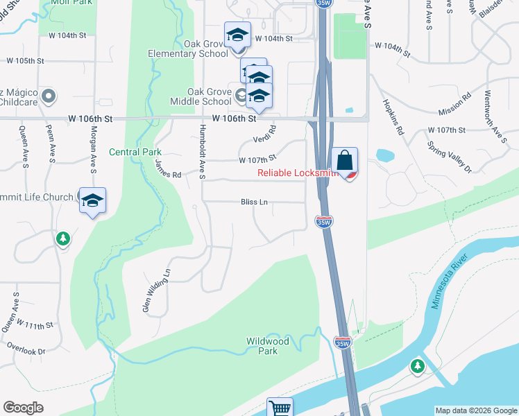 map of restaurants, bars, coffee shops, grocery stores, and more near 10801 Emerson Road in Minneapolis