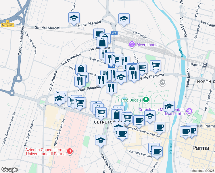 map of restaurants, bars, coffee shops, grocery stores, and more near 18-20 Viale Piacenza in Parma