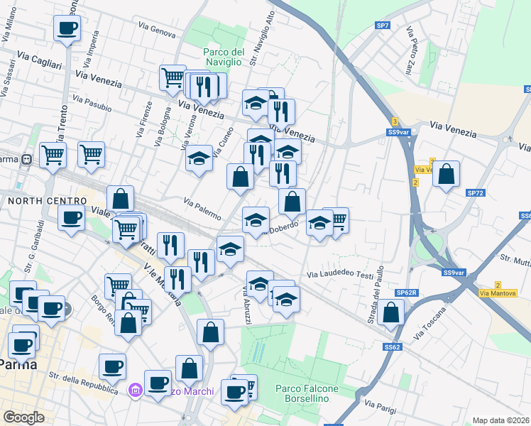 map of restaurants, bars, coffee shops, grocery stores, and more near 13 Via Francesco Lasagna in Parma