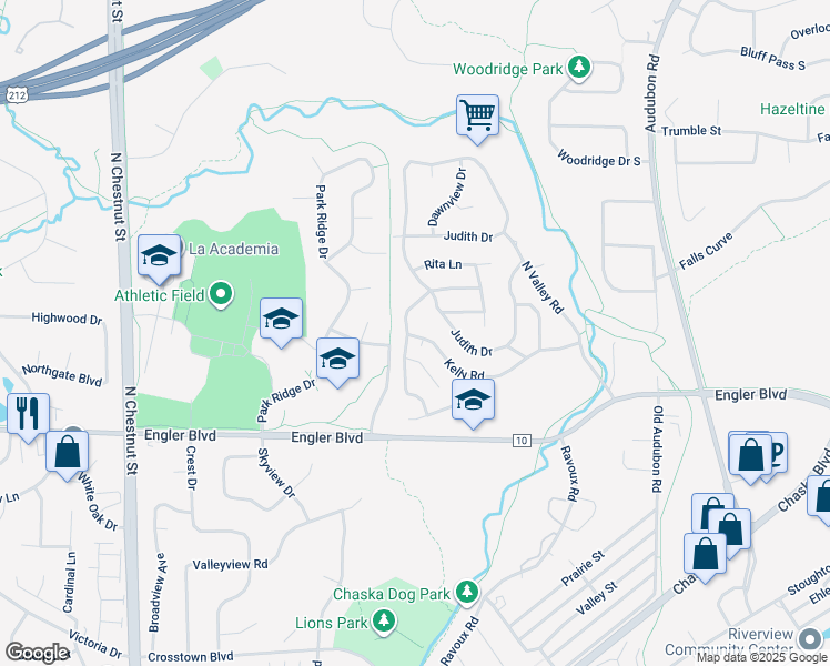 map of restaurants, bars, coffee shops, grocery stores, and more near 75 Kelly Road in Chaska