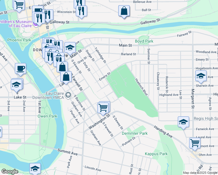 map of restaurants, bars, coffee shops, grocery stores, and more near 906 Dodge Street in Eau Claire
