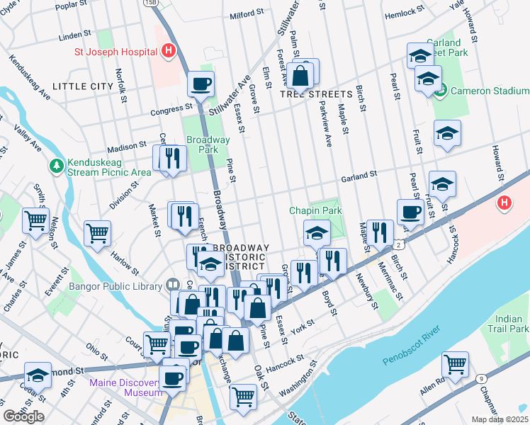 map of restaurants, bars, coffee shops, grocery stores, and more near 106 Grove Street in Bangor