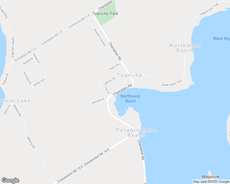 map of restaurants, bars, coffee shops, grocery stores, and more near 600 Champlain Road in Simcoe County