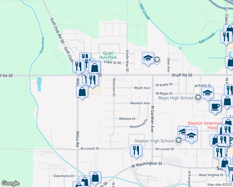 map of restaurants, bars, coffee shops, grocery stores, and more near 1493 Westfield Court in Stayton