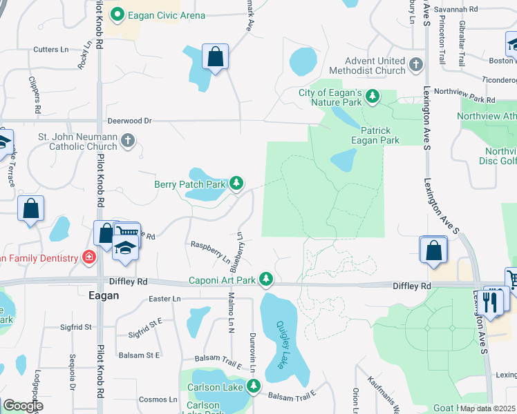 map of restaurants, bars, coffee shops, grocery stores, and more near 4086 Blueberry Lane in Eagan