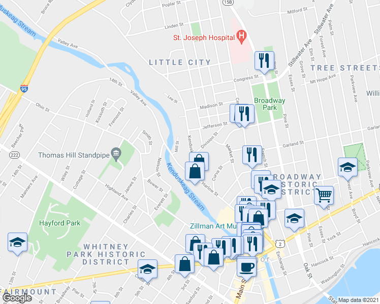 map of restaurants, bars, coffee shops, grocery stores, and more near 46 Kenduskeag Avenue in Bangor